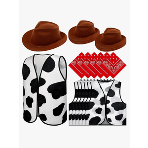 18 Pcs Kids Western Costume Set Include 6 Western Cowboy Felt Hat with 6 Bandanna 6 Cow Vest Tops for Boys Girls Halloween