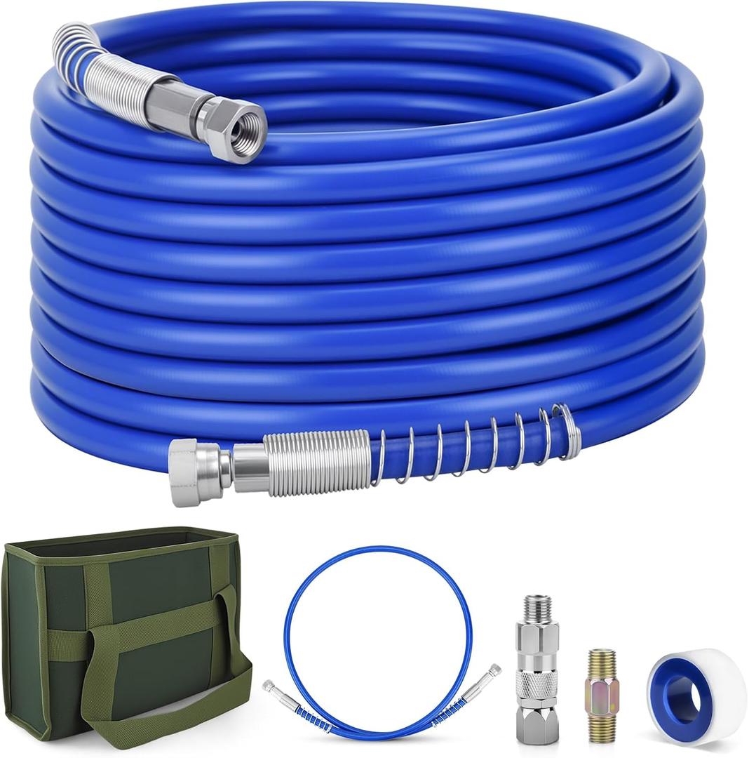 50Ft x 1/4" Airless Paint Sprayer Hose with Brass-Wire Braid, High Pressure Hose Kit with 5Ft Whip Hose, 1/4" Hose Connector, Swivel Joint, PTFE Tape & Carrying Bag for Airless Spraying Machine