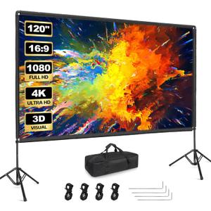 Outdoor Projector Screen with Stand, Qoolfoto 120 Inch Portable Projector Screen, Indoor Outdoor Projection Screen 16:9 4K HD Wrinkle-Free Movie Screen with Carry Bag for Backyard Movies Home Theater