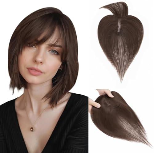 Hairro 100% Human Hair Toppers with Bangs, 360° Cover 3D Clips on Thin Hairpieces for Women, 3.15"x4.33" Silk Base Lightweight for Covering Greyish Hair on Top, 11 Inch Dark Brown