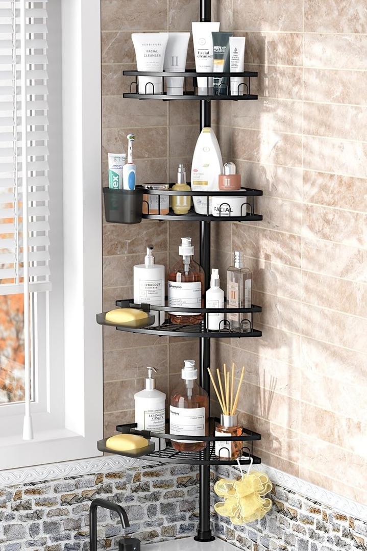 Tension Pole Shower Caddy Corner: Adjustable 4tier Bathroom Organizer Shelves - Rustproof Bathtub Shampoo Rack 43.5-120 inch (Matte Black)