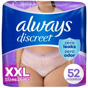 Always Discreet Adult Diapers for Women, Incontinence Underwear, Postpartum Essentials, Disposable Briefs, Max Absorbency, Bladder Leak Protection, 2XL / XXL, 52ct