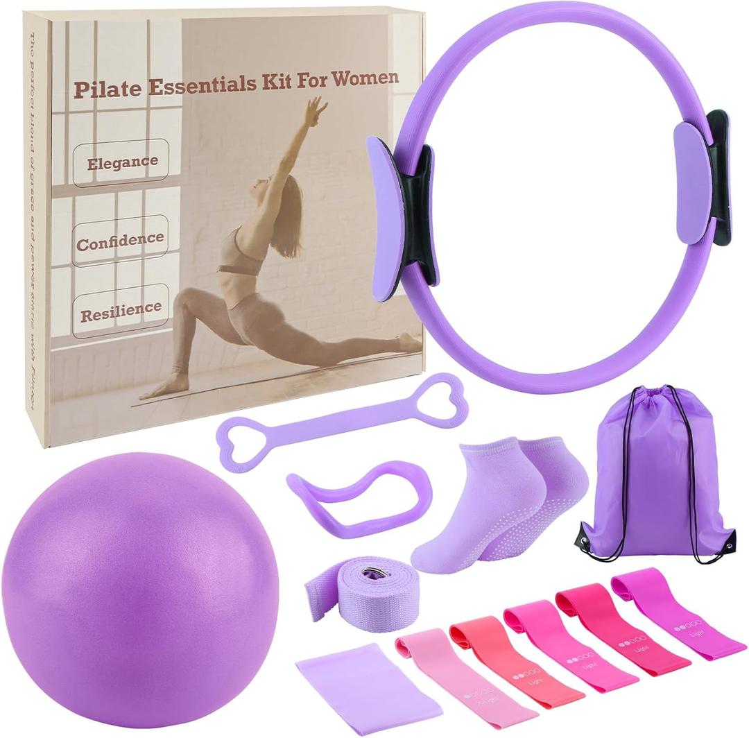 ASIEIT 13 PCS Pilates Kit for Women, Home Pilates Equipment with 5 Resistance Bands, 14'' Magic Circle, Pilates Ball and Ring, Compact Workout Set for Home Workout, Strength and Flexibility (Purple)