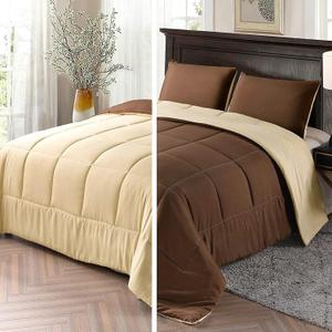 Exclusivo Mezcla Lightweight Summer Reversible Queen Size Comforter Set, Down Alternative Comforter with 2 Pillow Sham, Queen Size Bedding Set for All Seasons, Brown/Khaki