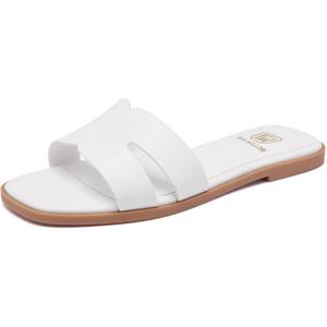 Women's Flat Sandals Dressy Comfortable Slide Sandals Fashion Square Open Toe Slip On Beach Sandals for Summer (White) Size: 8