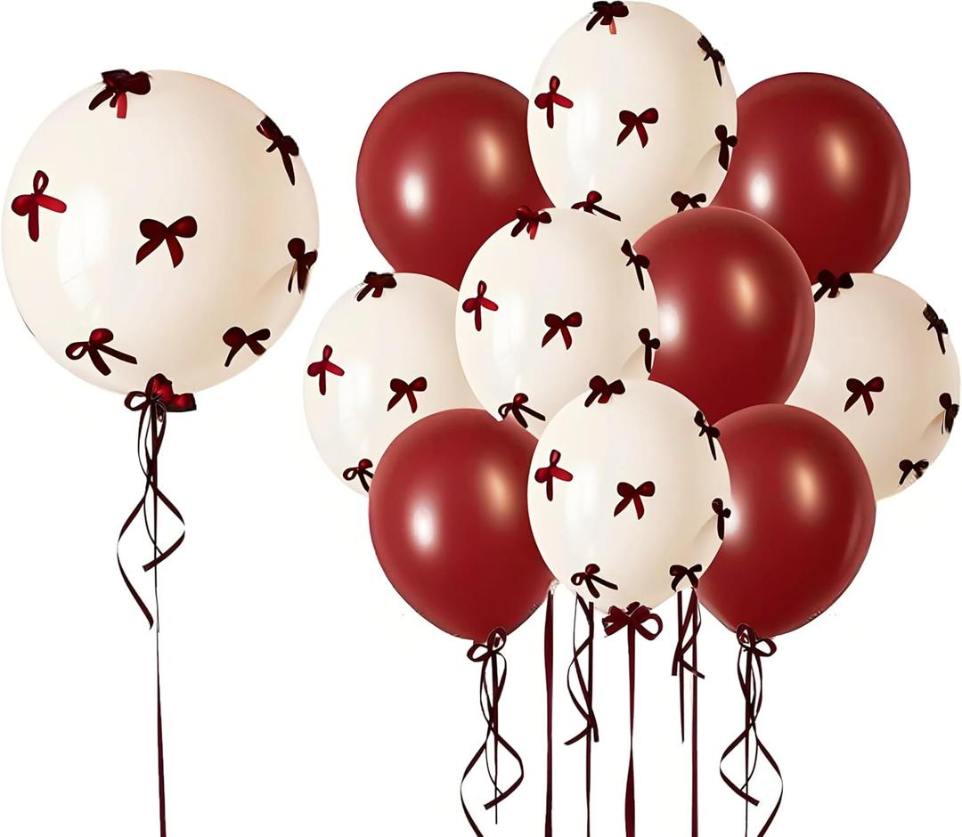 Burgundy Bow Balloons Red and White Balloons with Bows Party Decorations Wine Red Bow Balloons BoBo Balloons Coquette Bow Party Women Birthday Decor Bridal Shower Bridal Engagement Party Decorations