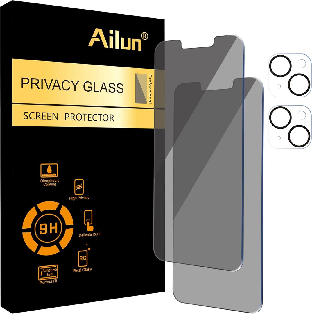 Ailun 2Pack Privacy Screen Protector for iPhone 14 Plus [6.7 inch] + 2 Pack Camera Lens Protector, Anti Spy Private Tempered Glass Film, Case Friendly, [9H Hardness] - HD