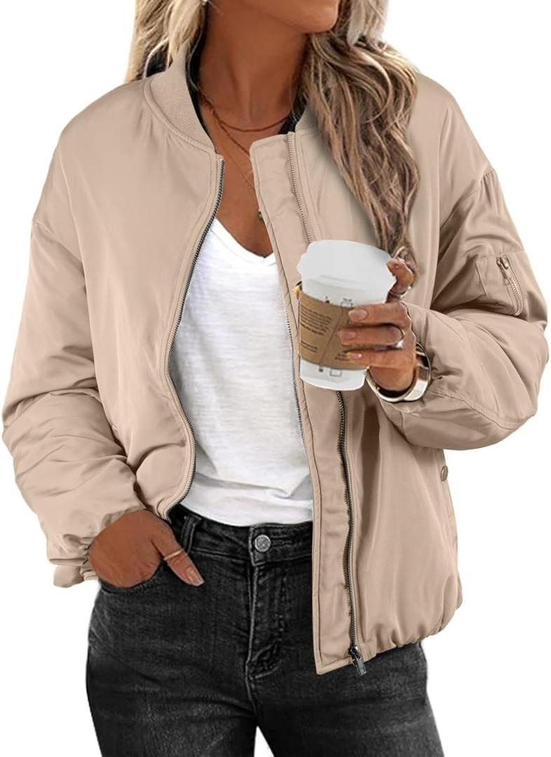 EVALESS Puffer Jackets for Women Zip Up Oversized Bomber Jackets Winter Outfits for Women Dressy Causal (XX-Large, Beige)