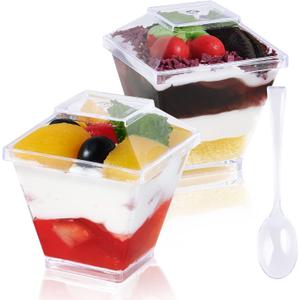 JOLLY CHEF 100 Pack 2 oz Mini Dessert Cups with Spoons and Lids, Square Tall Clear Plastic Parfait Appetizer Cup Small Serving Bowl for Party Desserts Appetizers