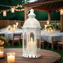 JHY DESIGN Decorative Candle Lantern Vintage Metal Candle Holder for Garden Living Room Indoor Outdoor Parties Weddings Patio(White with Gold Brush)