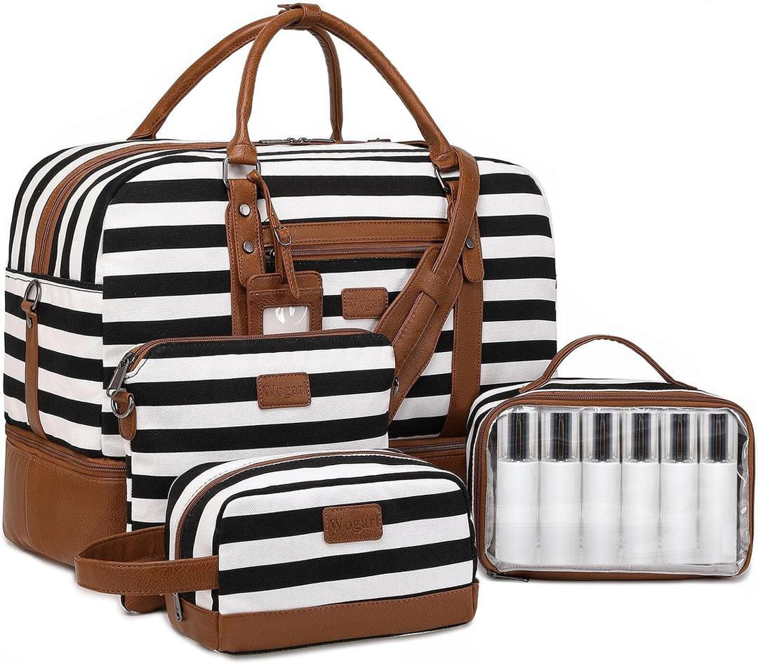 Wogarl Weekender Bags for Women Large Overnight Bag Weekend Travel Duffel Bag Carry on Shoulder with Shoe Compartment Toiletry Bag for Travel Business Gym (Wide Black White-CH)