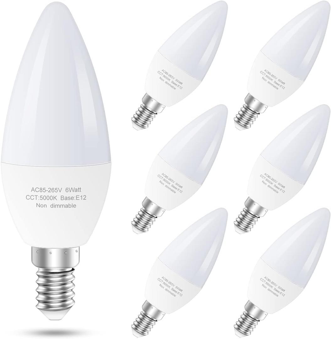 6-Pack E12 LED Ceiling Fan Light Bulbs, 60 Watts Equivalent Candelabra LED Light Bulbs, Type B Light Bulb for Chandelier, Candle Lightbulbs, Non-Dimmable, 5000K Daylight, 6 Pcs (White)