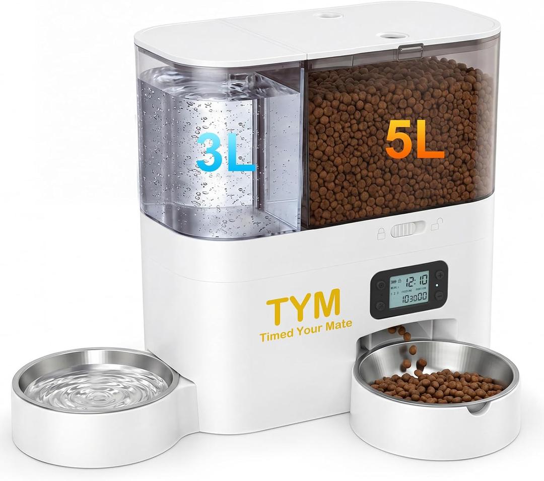 TYM Automatic Cat Feeder and Water Dispenser 2-in-1, 5L Cat Dry Food Dispenser, 3L Gravity Waterer, Programmable Timed Cat Feeder for Cats Small Dogs Pets, Stainless Steel Bowls for Easy Cleaning