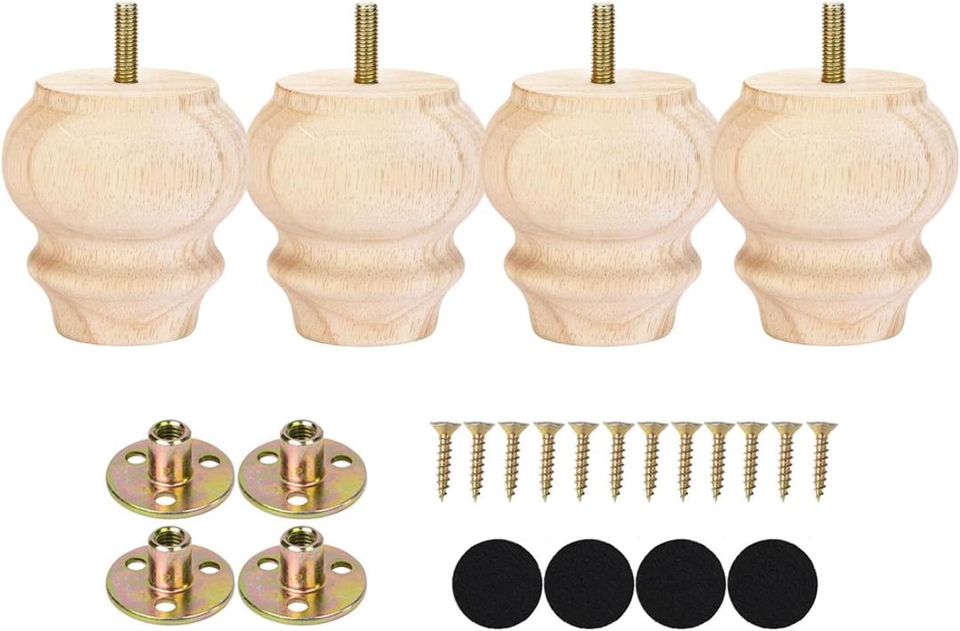 Maricome 3 Inch Unfinhsed Bun Feet Predrilled M8 Bolt Replacement Legs Couch Ottoman Sofa Wood Furniture Legs Set of 4 Screw in