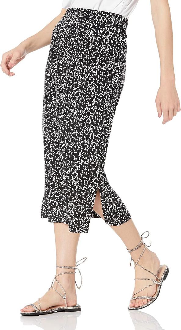 Amazon Essentials Women's Pull-On Knit Midi Skirt  (Large, Black White Abstract Animal)