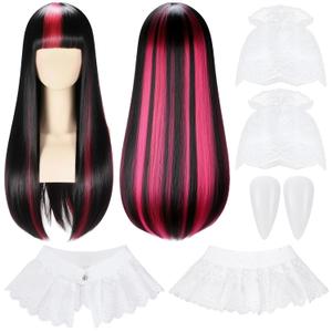 Newcotte 4 Pcs Halloween Vampire Costume Set Pink Black Wig with White Lace Ruffle Collar Lace Gloves Vampire Fake Teeth Fangs Spooky Cute Gothic Halloween Cosplay Accessories for Teenage Women Outfit