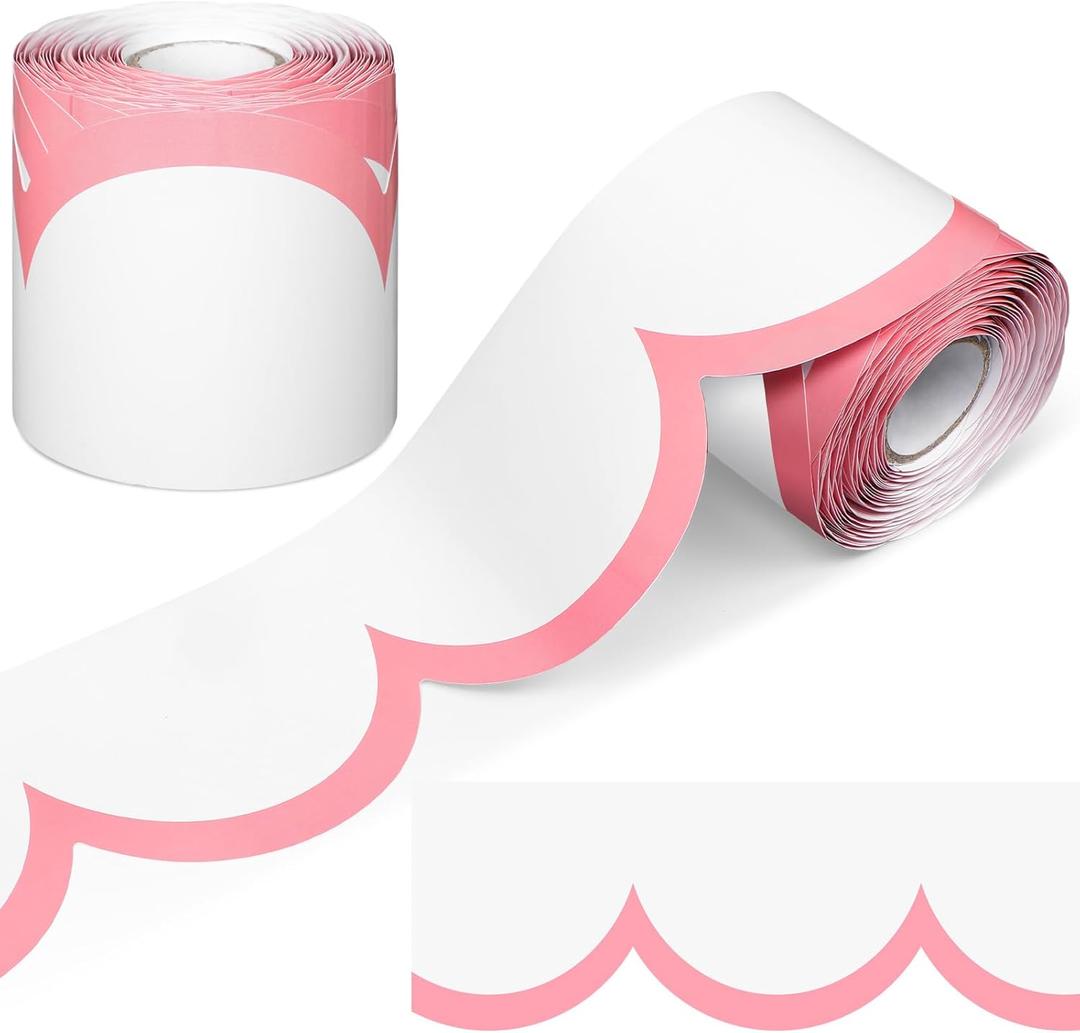 Fuutreo 65ft Dusty Rose and White Bulletin Board Borders Wave Line Scalloped Board Borders Classroom Die-Cut Rolled Trim for Bulletin Home School Office Wall Desks Locker Decorations