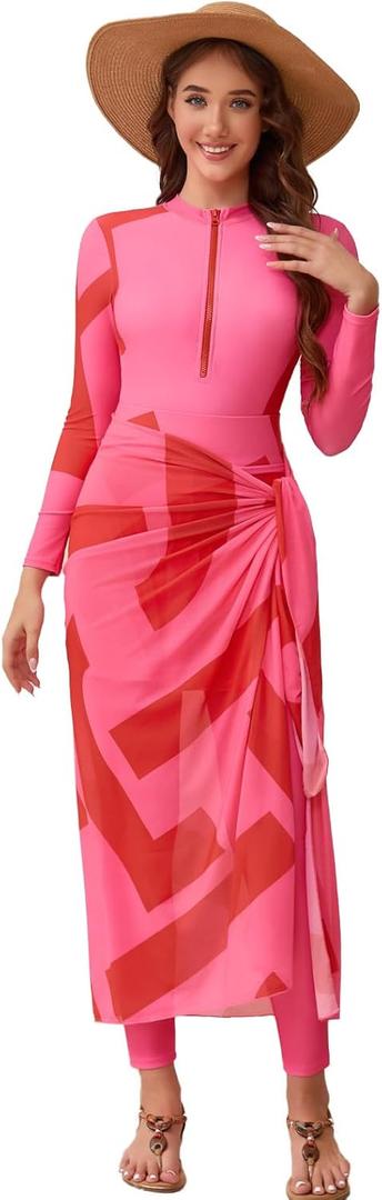 IDOPIP Muslim Burkini Swimsuit for Women's One Piece Swimsuit with Beach Skirt+Cover up Sarong+Pants 4PCS Bathing Suit (X-Large, Pink)