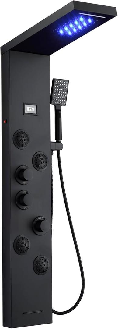 MEANTT LED Lights Shower Panel Tower - Waterfall Rainfall Shower Panel Tower System with 4 Body Jets - 5-in-1 Multifunction Shower Column - Matte Black Stainless Steel Shower Tower with Handheld