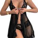 Lilosy Sexy Open Front Closure Floral Lace Mesh Sheer Babydoll Lingerie Dress with Thong 2 Piece (Large, Black)