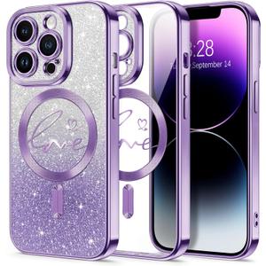 Hython for iPhone 14 Pro Case Glitter, Compatible with MagSafe Love Heart Magnetic Clear Phone Cases for Women Girls, Full Camera Protection Sparkle Plating Shockproof Protective Cover, Deep Purple