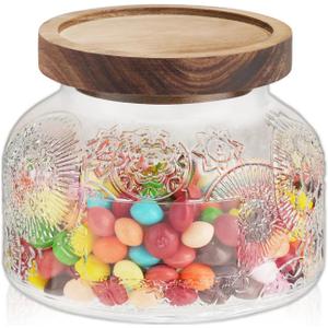 25 Oz Glass Candy Jar with Wooden Lid - Vintage Airtight Food Storage Container for Kitchen Pantry Office Decor, Clear Cookies Canister Organize Coffee Sugar Tea Spice Nuts Snacks