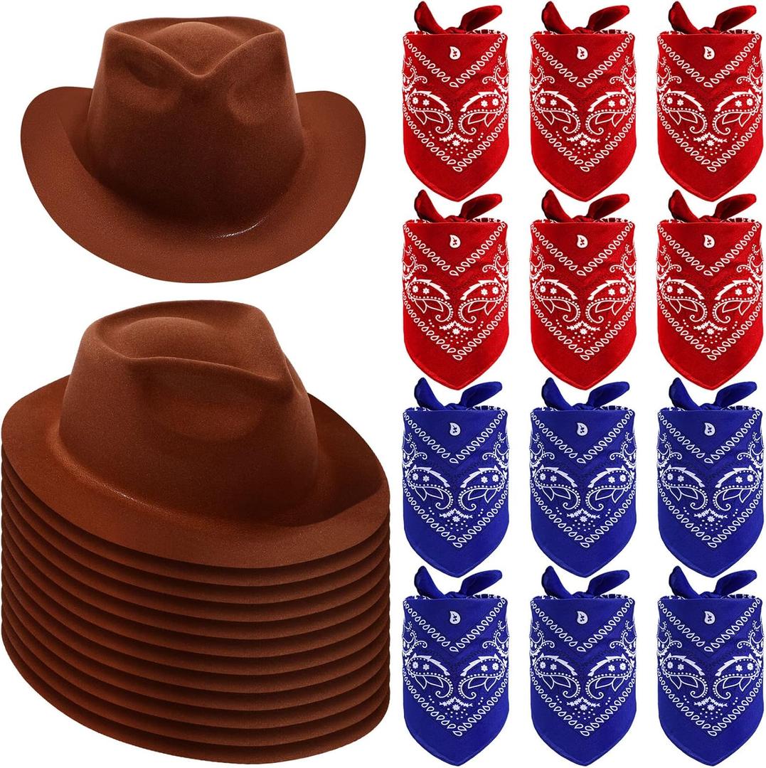 Haysandy 24 Pieces Western Cowboy Hat Set, Felt Cowboy Themed Party Hats with Paisley Bandanas for Kids Costume Party(Brown, Red, Blue) (Brown, Red, Blue)