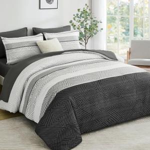 Drucon Black and Grey Comforter Set Queen Size 7 Piece Bed in a Bag, Boho Striped Bedding Set, Soft Microfiber Comforter and Sheet Set for All Season (Queen, 90"x90")