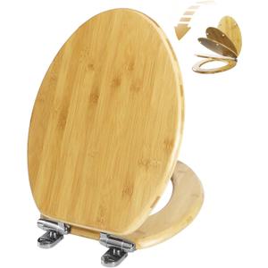Elongated Bamboo Toilet Seat with Lid Quick Release Slow Close Zinc Alloy Strong Hinges Natural Bamboo, Light, 19-inch