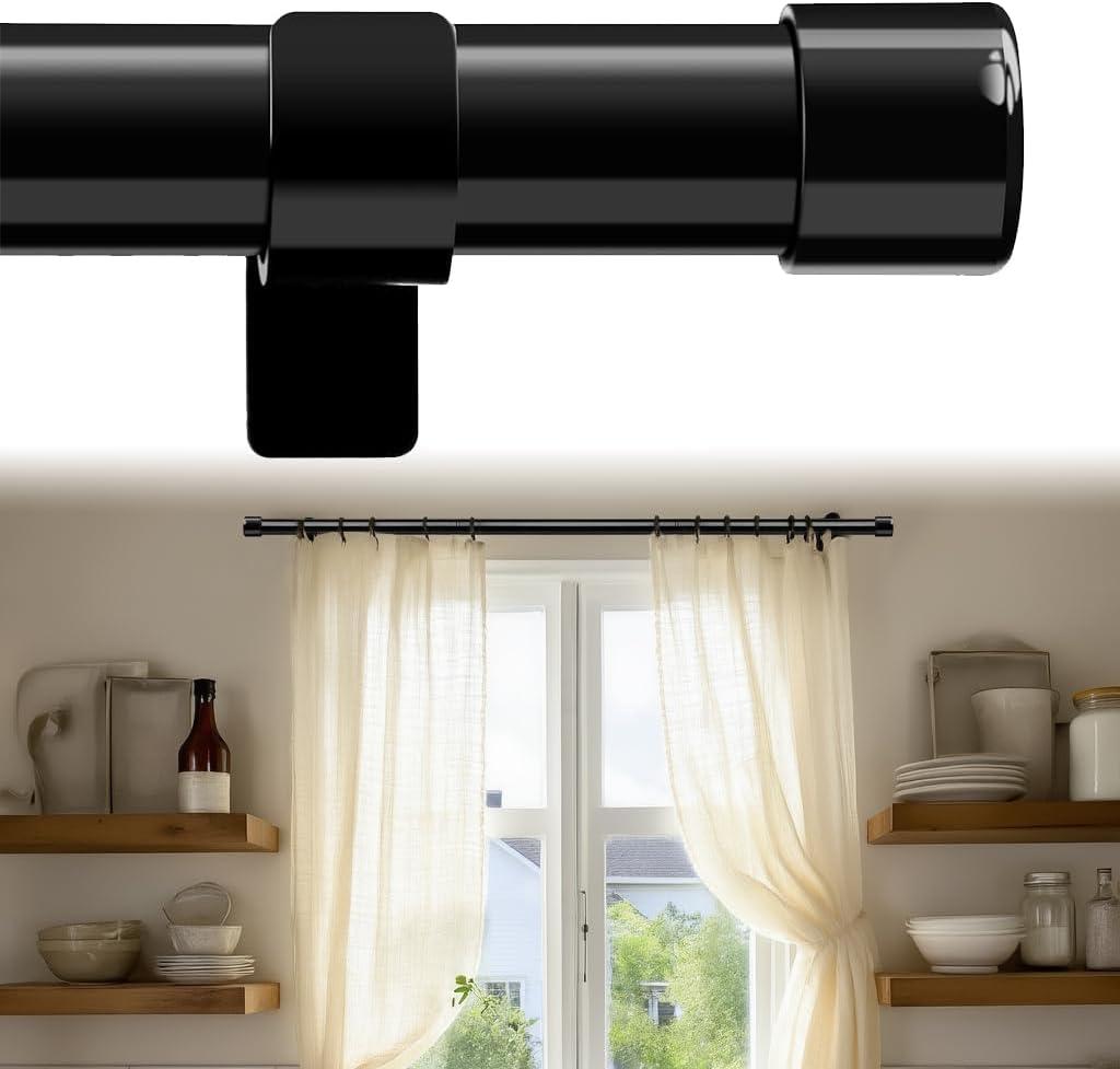 Small Curtain Rods For Windows 16-36 - Short Heavy Duty Drapery Rod With Adjustable Brackets,Basic Metal Curtain Pole For Kitchen,Bedroom,Bathroom,Easy Install Apartment Friendly,Black