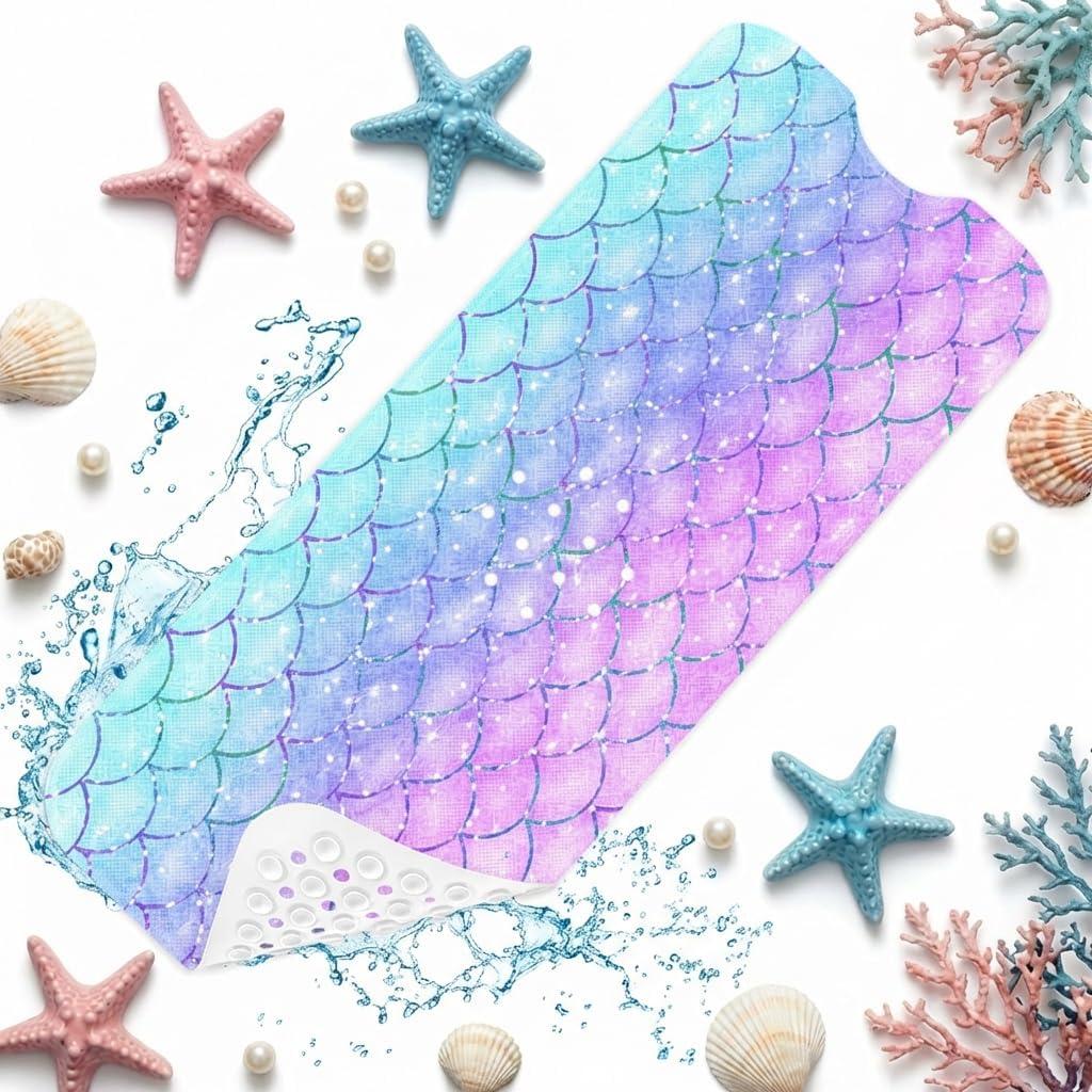 Pink Blue Mermaid Bathtub Shower Mat Fish Underwater Sea Non-Slip Tub Extra Long Bath Floor 40X16 Inch Machine Washable for Bathroom Tub Bath Mat for Toddler and Baby