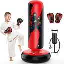 QPAU Punching Bag for Kids, 66 Inch Stable Inflatable Boxing Bag with Boxing Gloves, Stand Kids Punching Bag Toy for Boys & Girls Age 6-12, Boxing Set for Practicing Karate, Taekwondo, MMA (Black&Red)