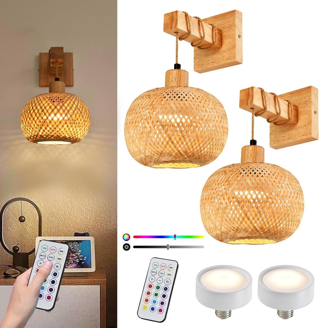 NOVCAND Battery Operated Wall Sconce Set of Two, Rechargeable Bamboo Wall Sconces with Remote RGB 15 Colors Dimmable, Farmhouse Boho Wall Lights for Bedroom Living Room Entryway