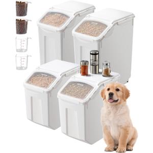 VEVOR Rice Storage Container, 3.5Gal/15Lx2 + 4.5Gal/20Lx2 Large Dog Food Dispenser Bin, Kitchen Ingredient Grain Cereal Bin, Pet food Containers with Wheels, 4 Measuring Cups, Airtight Lid, 4 Pack