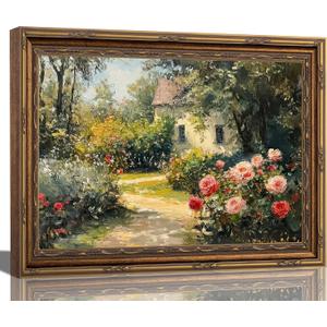 Gold Framed Vintage Rose Garden Canvas Wall Art English Cottage Floral Landscape Painting Picture Wall Decor Nature Rustic Farmhouse Poster Print Artwork for Living Room Bedroom Dorm Bathroom 9x11in