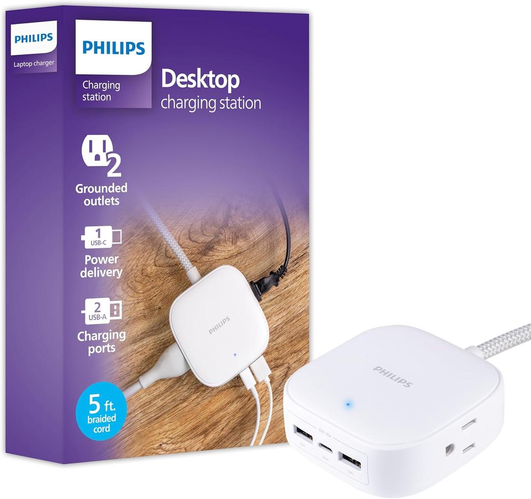 Philips USB Desktop Charging Station, 32W 5 Ft USB C & A Ports, 2 Grounded Outlets, Multiport Charging Hub for iPhone 13-16 Series, iPad Pro, Braided Cord, DLP3553W/37