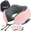napfun Neck Pillow for Traveling, Upgraded Travel Neck Pillow for Airplane 100% Pure Memory Foam Travel Pillow for Flight Headrest Sleep, Portable Plane Accessories, Pink (Pink (Luxury Sets, With Eye Mask&earplugs))