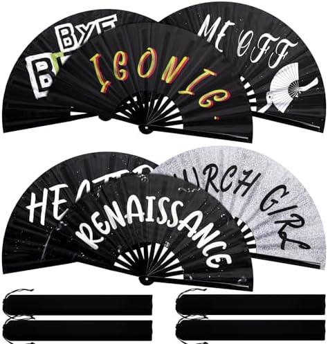 FairySandy 5 Pcs Large Hand Fan Rave Iconic Shade Bye Folding Bamboo Handheld Chinese Fan for Women Men Line Dancing Square Dance Concert Festival Parades Party Performance 25 Inch(Stylish)
