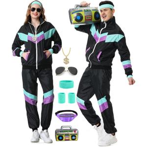 Owurha 80s Track Suit for Men Women 90s Retro Windbreaker Set Couples 90s Tracksuit 80s Costume Men Neon Wind Suit (Medium, Black)