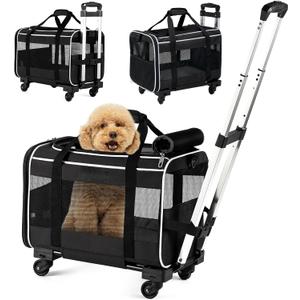 Pet Carrier with Wheels, Rolling Travel Bag with Retractable Handle, Mesh Ventilation, Black