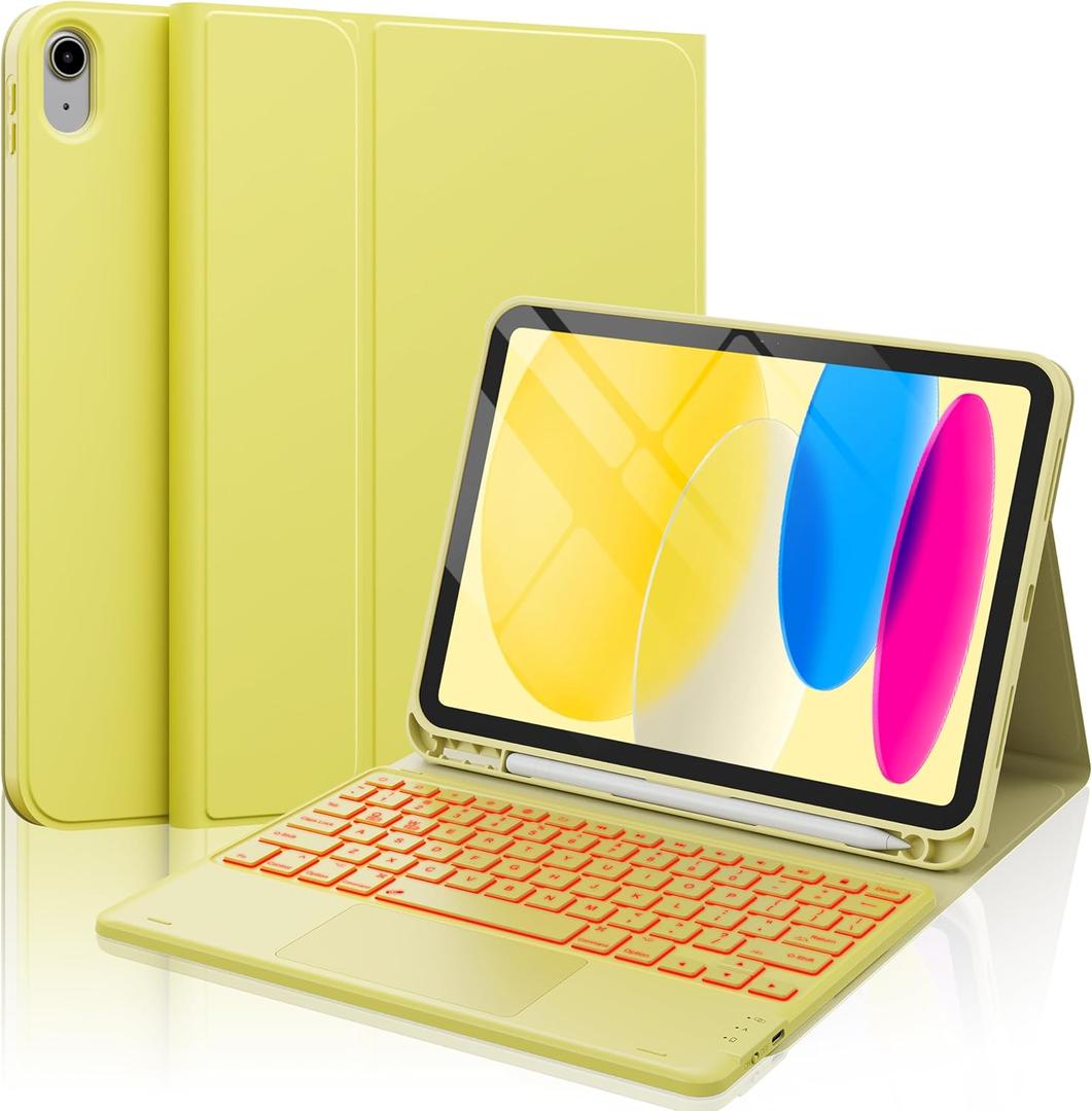 CHESONA for iPad 10th Generation Case with Keyboard, 7 Color Backlight, Multi-Touch Trackpad, Flip Stand Case with Pencil Holder, 2 Wireless Channels for iPad (A16) 11th/10th Gen 2025/2022, Yellow