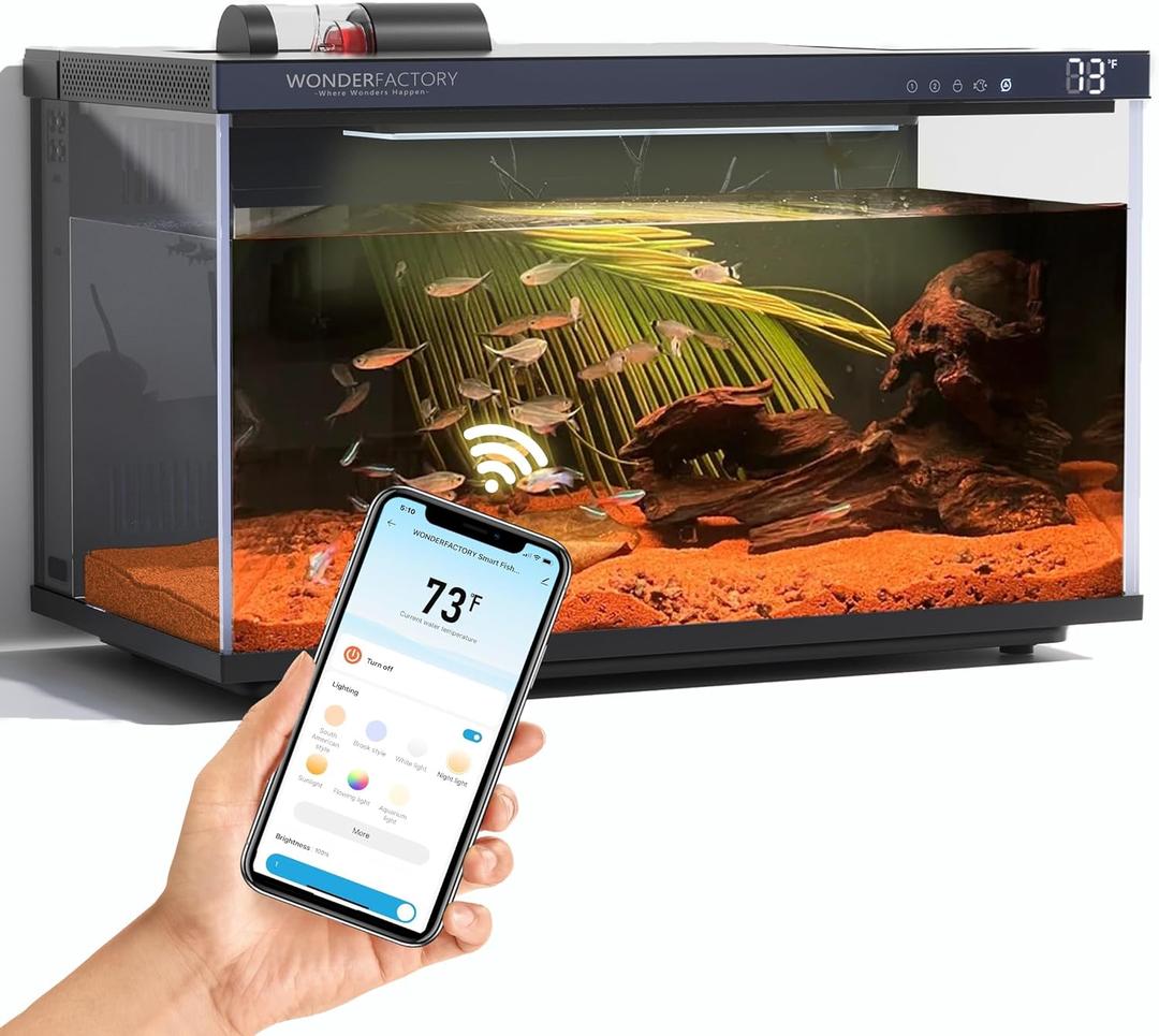 Wonderfactory Smart Aquarium 5 Gallon Glass Fish Tank, Self Cleaning System Efficiency Filter 7 Color LED Lights Automatic Feeder Temperature Display Monitor HD UHA Glass, Smart Control with Apps