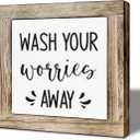 Bathroom Decor Art, Positive Home Decor, Funny Washroom Signs Plaque, Farmhouse Wood Decoration for Toilet Bathroom Washroom, Shelf Table Decors, Wash Your Worries Away Sign 5.9×5.9 inches