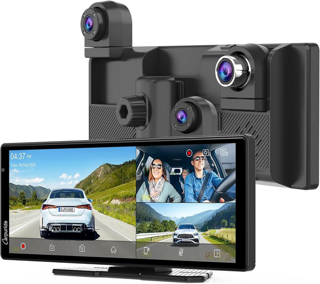 CARPURIDE W903S Wireless Carplay & Android Auto Screen with 3 Channel Dash Cam, 4K Front &1080P Rear, 1080P Infrared Cabin Camera for Cars with 64GB Card, Loop Recording, Bluetooth