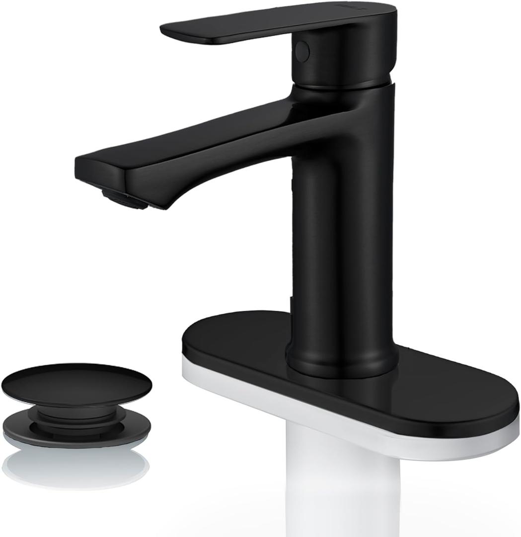 BELZ Matte Black Bathroom Faucet, Modern Single Handle One Hole Bath Vanity Sink Faucets with Pop Up Drain and Deck Plate for 1 or 3 Holes
