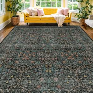 Vintage Dark Green Living Room Rug, 7x10 Washable Area Rugs for Dining Room Under Table, Bedroom, Oriental Low Pile Stain Resistant Non-Slip Thin Soft Carpet