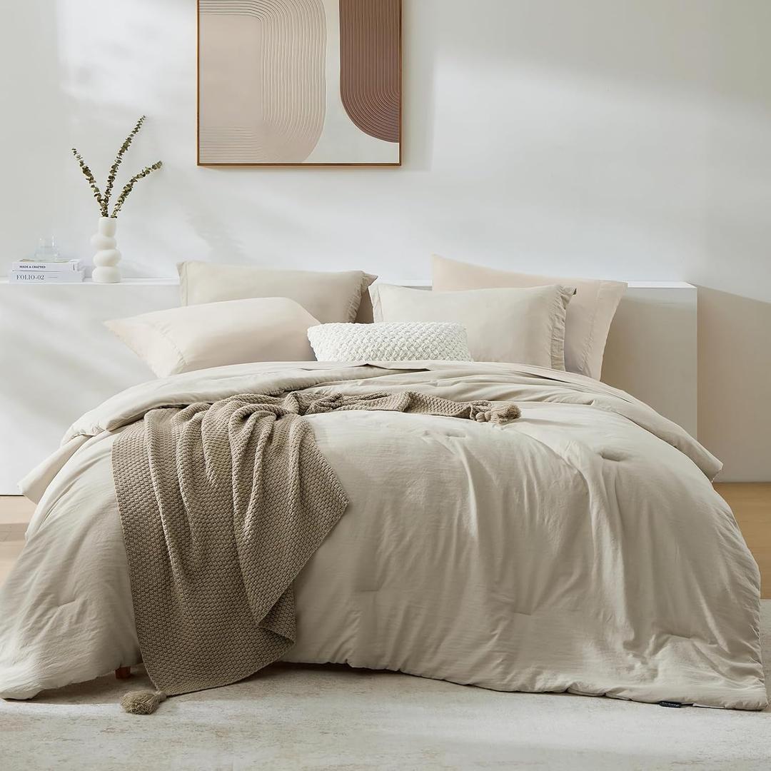 WRENSONGE Light Oatmeal Queen Comforter Set, 7 Pieces Soft Microfiber Comforters Queen Size with Fitted Sheet, Flat Sheet, 2 Pillow Shams, and 2 Pillowcases- Warm Bedding Sets Queen for All Season (7Pcs-Queen(90"*90"))