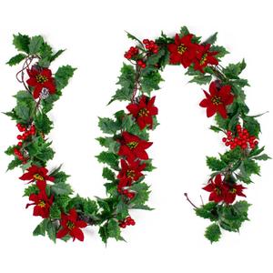 LEGOTA 3Pcs 8.53Ft Green Holly Red Berry Garland, Artificial Christmas Garland with Pine Cones and Poinsettia for Indoor Outdoor Home Decor