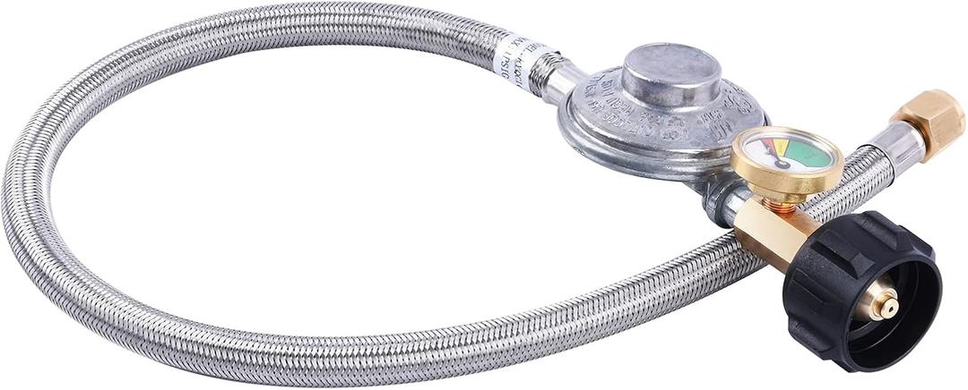 2 Feet Propane Regulator Hose with Gauge, Stainless Braided Hose for Most LP Grill Heater and Fire Pit Table, 3/8'' Female Flare Fitting