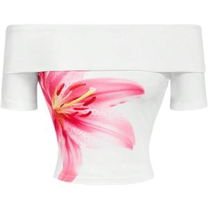 WDIRARA Women's Floral Off Shoulder T Shirt Graphic Short Sleeve Tee Y2k Fitted Top (White, S)